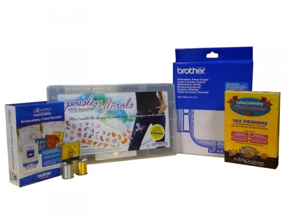 Brother Quattro NV6000D SA6000D Kit, SAECR1 Card Reader, SA439 5x7" Hoop, 2 Spools Gold Silver Metallic Thread, ETKD23 Threadnohtin Brother Quattro NV6000D SA6000D Kit, SAECR1 Card Reader, SA439 5x7" Hoop, 2 Spools Gold Silver Metallic Thread, ETKD23 Threadnohtin