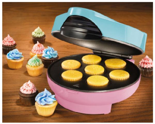 Nostalgia
Electrics CKM-100 Cupcake Maker, makes 7 cup cakes at one time in 5 minutes cooking time, non stick coating, cord store, power
& heat lights