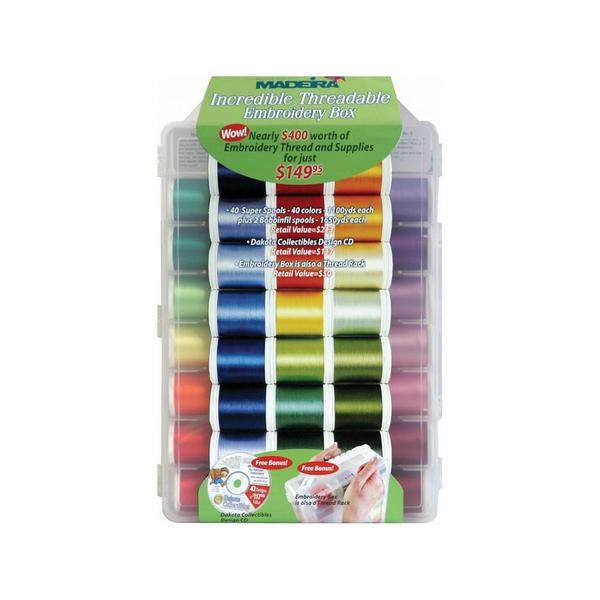 Madeira 8042 Incredible Threadable 40x1100Yd Rayon Embroidery 40wt Cylinder Threads Kit, 42 Designs CD, 2 Bobbin Thread Spools x 1650 Yards, 5 Needlesnohtin Madeira 8042 Incredible Threadable 40x1100Yd Rayon Embroidery 40wt Cylinder Threads Kit, 42 Designs CD, 2 Bobbin Thread Spools x 1650 Yards, 5 Needlesnohtin