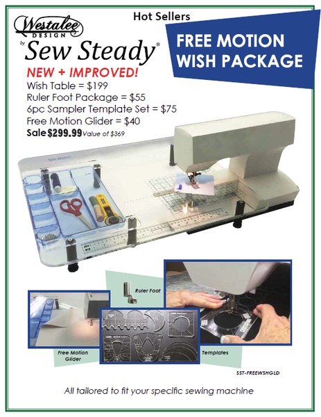 Sew Steady Wish SST-FREEWSHGLD Portable Extension Table 22.5"x25" Package, Drawer, Westalee Ruler Foot, 6 Quilting Templates, Free Motion Glidernohtin Sew Steady Wish SST-FREEWSHGLD Portable Extension Table 22.5"x25" Package, Drawer, Westalee Ruler Foot, 6 Quilting Templates, Free Motion Glidernohtin