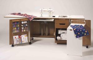 Fashion, Cabinets, America, 5200, Ultimate, DUAL, Machine, Cabinet, 42x20x30", Roberts, Sew & Serge, Credenza, Electric Lift, Platform, Notions, Bins, Tray, Plug Ins