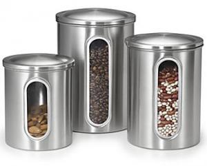 Polder 3346-75, - Set of 3, Window Canisters, 2, 3 & 4 Quart, Sugar, Flour, or Bulk, Dry Food, Pop Off Lid, Brushed stainless, Vertical view, of contents