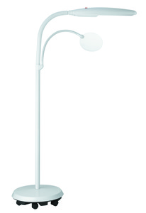 Daylight, U23030-01, Floor Standing, 2 Flexible Arms, Rimless Magnifier, Lens Arm, 18 Watt, True Color, Lamp Bulb, Roller Base, on Casters, Daylight U23030 18W 100W Equiv. Floor Standing Lamp, 2 Flexible Arms, Rimless 1.75X Magnifier Lens Arm, True Color Light, Bulb, Roller Base on Casters
