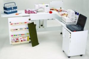 Arrow 98401DL White Air Lift DUAL Sewing Machine & Serger Cabinet Combo on Casters, RTA Ready to Assemble - FREE Insert for Your Brand and Model