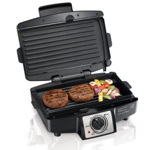 Hamilton Beach 25332 Easy-Clean Indoor Grill, 110sq inch Cooking Surface, Heats up to 500degrees F, Non-stick Grids, Drip Tray, Select Timer, Stay on Mode, Grills 4 Hamburgers at Once, Searing, Adjustable Temperature Controls