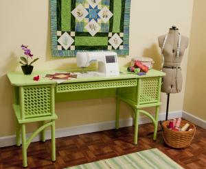 Arrow Florie 1014 Pistachio Green Classic Wicker Sewing Machine Cabinet 60x20x30"H, Freearm or Flush Mount Flatbed Position Platform 23-3/4"Wx12-3/8"D, 2Cubbies