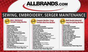 Repair, Sewing Machine Repair, Serger Repair, Embroidery Repair, Service, sewing machine service, Allbrands, Home Sewing, Embroidery Machine, Repair Service, Miminum $99, Charge Plus, $25 Return, Shipping, Plus Mechanical Adjustments, and Parts, Est