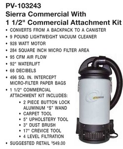 Pro-Team PV 103243 Sierra Commercial Backpack Vacuum Cleaner, 859-928W, 7.5A, 95-124CFM, 92"Lift, 50'Cord, 3Filter, 1.5"Wand 5Pc Tool Kit P3 E-Z, 10Lb