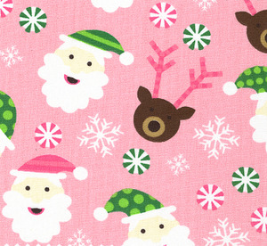 Fabric Finders 15 Yd Bolt 9.34 A Yd 1288 Santas on Pink Print 100 Percent Pima Cotton Fabric 60 inch peppermints reindeers
