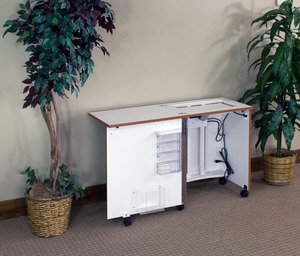 Fashion Cabinets of America (Roberts) 2410TT Tiny Titan Saver Sewing Machine Cabinet 23 5/8x17 3/8", Electric Lift, 18 5/8x11" Opening, 1 Bin, 4 Trays