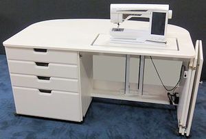 Fashion Sewing Cabinets 950 Neptune, Electric Lift Platform, 4 Drawers, Rear Quilting Leaf, Opens to 61”W x 37”D x 30 1/2”H