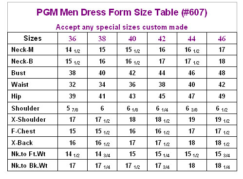 Dress Form Size Chart