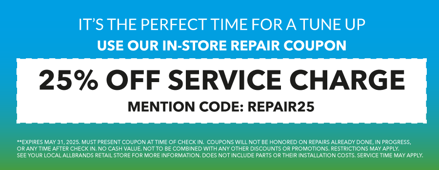 TIME FOR A TUNE UP? USE OUR IN-STORE REPAIR COUPONS. WE SELL THE BEST & SERVICE THE REST. N-STORE, CURBSIDE AND MAIL IN SERVICE NOW AVAILABLE. EMAIL JOHN.DOUTHAT@ALLBRANDS.COM. 25% OFF SERVICE CHARGE - NON-COMPUTERIZED, NON-ELECTRONIC MECHANICAL SEWING MACHINE SERVICES. 25% OFF SERVICE CHARGE - COMPUTER SEWING, EMBROIDERY, SERGER AND CONVERHEM MACHINE SERVICES. 25% OFF SERVICE CHARGE - MULTINEEDLE, LONGARM, AND INDUSTRIAL MACHINE SERVICES. MUST PRESENT COUPON AT TIME OF CHECK IN.  COUPONS WILL NOT BE HONORED ON REPAIRS ALREADY DONE, IN PROGRESS, OR ANY TIME AFTER CHECK IN. NO CASH VALUE. NOT TO BE COMBINED WITH ANY OTHER DISCOUNTS OR PROMOTIONS. RESTRICTIONS MAY APPLY. SEE YOUR LOCAL ALLBRANDS RETAIL STORE FOR MORE INFORMATION. DOES NOT INCLUDE PARTS OR THEIR INSTALLATION COSTS. SERVICE TIME MAY APPLY.