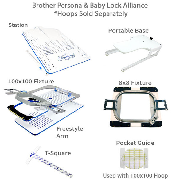 Mighty Hoops BR-PR1KIT Brother PRS100 Starter Kit, Hoopmaster Station, Portable Base, 100x100 Fixture, Freestyle Arm, T-Square,8x8" Mighty Hoop, Guide