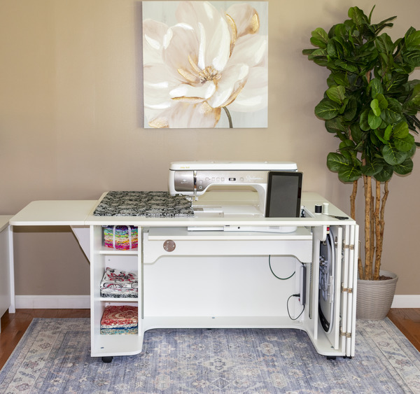 Horn 9050 Dual Sewing Cabinet, 64.25x40x29.75inH, 215Lb, Electric Lift Platform, 34x15.5in Opening, Compact Design, Space Saving Features