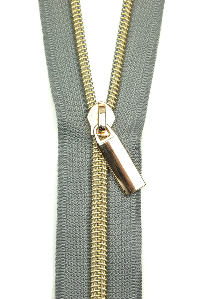 Sallie Tomato ZBY5C7 Grey #5 Nylon Gold Coil Zippers: 3 Yards with 9 Pull