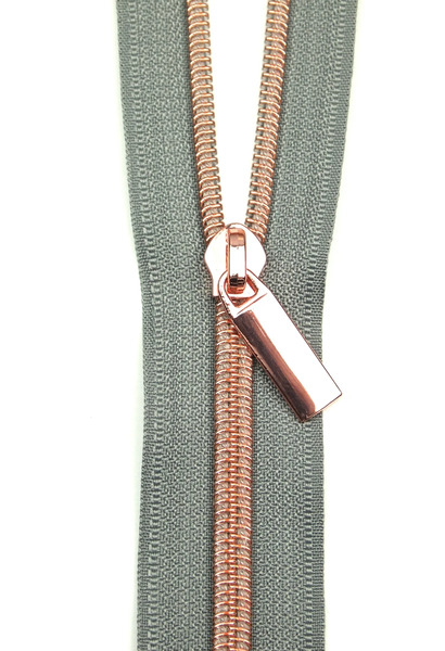 Sallie Tomato ZBY5C8 Grey #5 Nylon Rose Gold Coil Zippers: 3 Yards with 9 Pulls