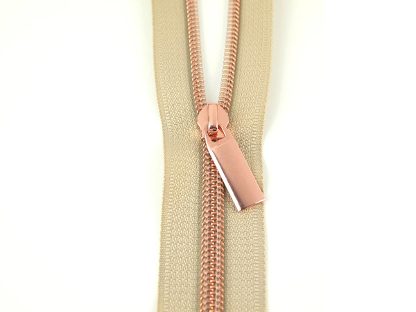 Sallie Tomato ZBY5C23 Beige #5 Nylon Rose Gold Coil Zippers: 3 Yards with 9 Pulls