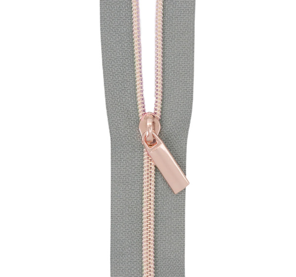 Sallie Tomato ZBY3C8 Grey #3 Nylon Rose Gold Coil Zippers: 3 Yards with 9 Pulls