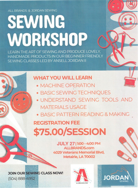 AllBrands Metairie Sewing Workshop July 27th 1:00PM-4:00PM