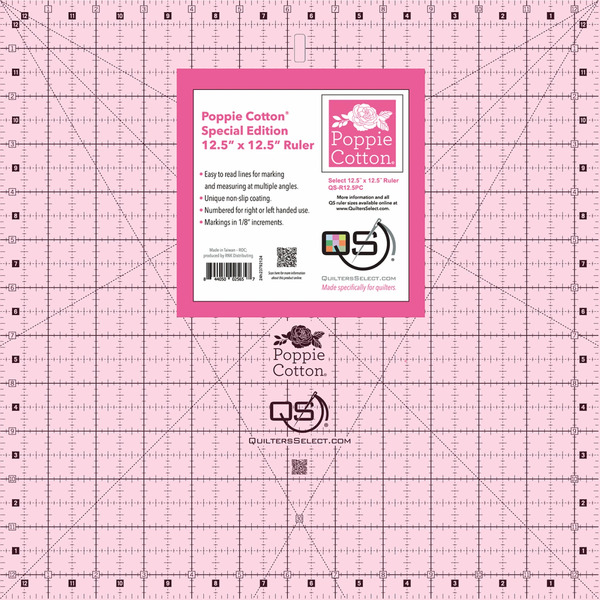 Quilter's Select Pink Poppie Cotton Non-Slip Ruler 12-1/2in x 12-1/2in