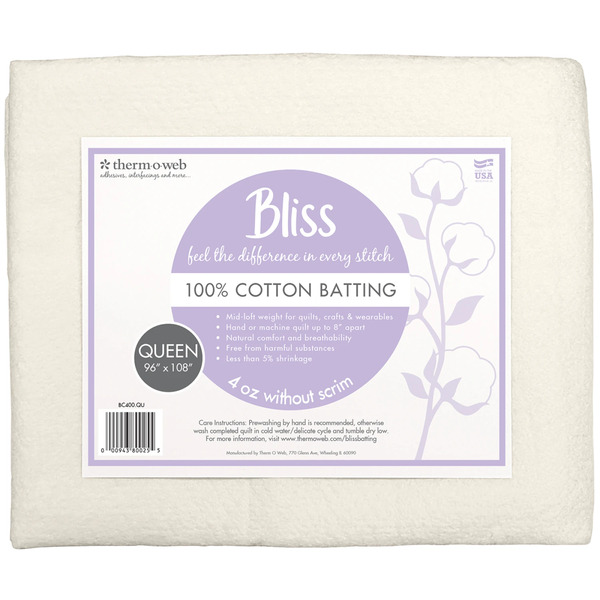 Therm O Web BC400-QU Bliss Batting 100% Cotton Queen 108in x 96in 4pc Box