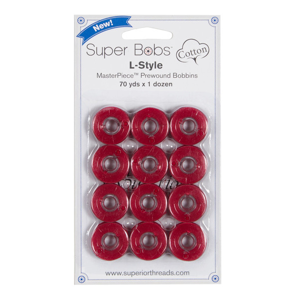 Superior Threads 149-12-118 Super Bobs MasterPiece Cotton 70yd Prewound Bobbins 12ct L-Style Renae Red
