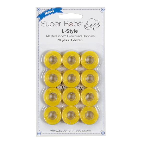 Superior Threads 149-12-126 Super Bobs MasterPiece Cotton 70yd Prewound Bobbins 12ct L-Style Simply Yellow
