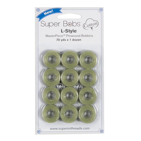 Superior Threads 149-12-131 Super Bobs MasterPiece Cotton 70yd Prewound Bobbins 12ct L-Style Monet Green