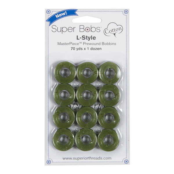 Superior Threads 149-12-134 Super Bobs MasterPiece Cotton 70yd Prewound Bobbins 12ct L-Style Fig Leaf