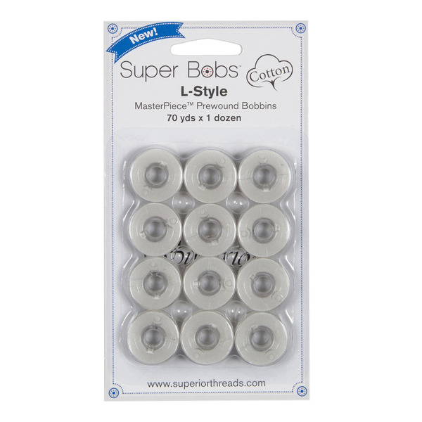Superior Threads 149-12-151 Super Bobs MasterPiece Cotton 70yd Prewound Bobbins 12ct L-Style Canvas