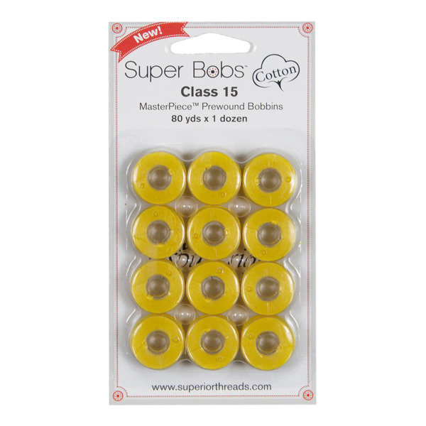 Superior Threads 150-12-126 Super Bobs MasterPiece Cotton 80yd Prewound Bobbins 12ct Class 15 Simply Yellow