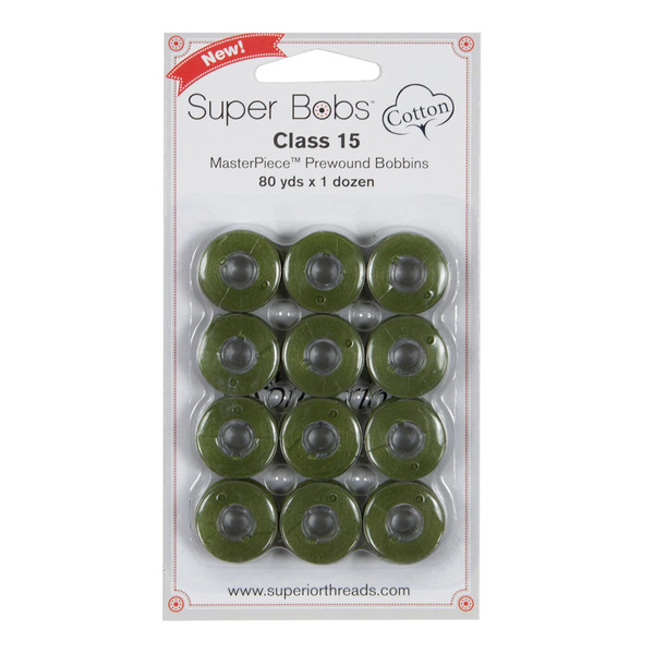 Superior Threads 150-12-134 Super Bobs MasterPiece Cotton 80yd Prewound Bobbins 12ct Class 15 Fig Leaf
