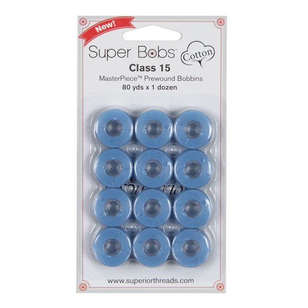Superior Threads 150-12-138 Super Bobs MasterPiece Cotton 80yd Prewound Bobbins 12ct Class 15 Azure