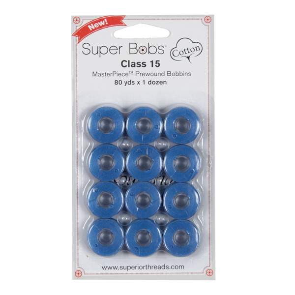 Superior Threads 150-12-139 Super Bobs MasterPiece Cotton 80yd Prewound Bobbins 12ct Class 15 Marine Blue