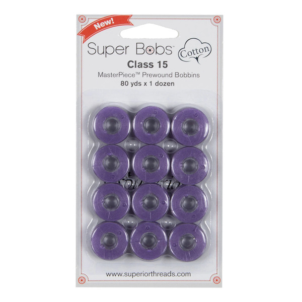Superior Threads 150-12-147 Super Bobs MasterPiece Cotton 80yd Prewound Bobbins 12ct Class 15 Lavender