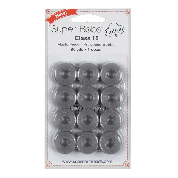Superior Threads 150-12-155 Super Bobs MasterPiece Cotton 80yd Prewound Bobbins 12ct Class 15 Graystone