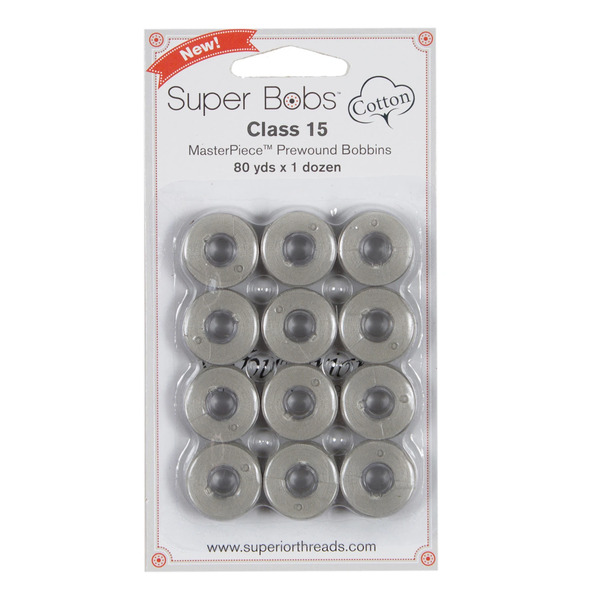 Superior Threads 150-12-156 Super Bobs MasterPiece Cotton 80yd Prewound Bobbins 12ct Class 15 Granite