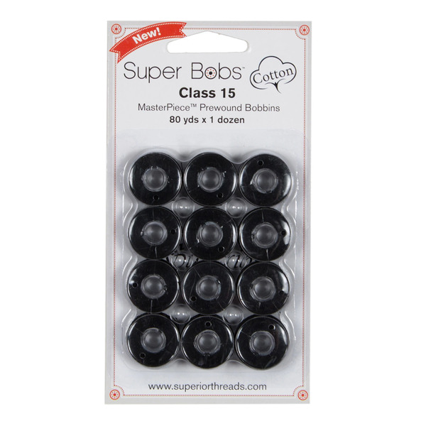 Superior Threads 150-12-161 Super Bobs MasterPiece Cotton 80yd Prewound Bobbins 12ct Class 15 Raven