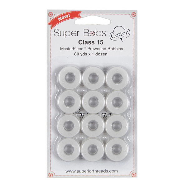 Superior Threads 150-12-186 Super Bobs MasterPiece Cotton 80yd Prewound Bobbins 12ct Class 15 Blanc