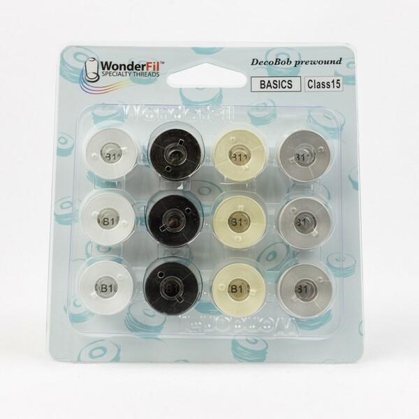 Wonderfil Threads DBP15BASIC DecoBob Prewound Bobbins Class 15 12ct Black White Cream Grey