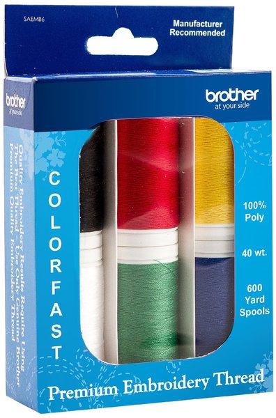 Brother SAEMB6 6 x 600 Yard Spools of Premium Embroidery Poly Thread Kit 40wt in Red, Green, Yellow, Blue, White, and Black