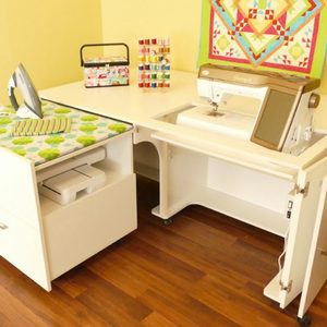 Kangaroo Arrow 1211 Diva White Cabinet Assembled, Quilt Leaf 69.5x43.5in +Electric Lift +30.5x14.5in Machine Opening,