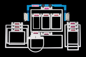 Durkee EZFrames, Master Set, blue adaptor arm, 1 1/2"x 4", 3"x 8", 5"x 8" & 12"x 4" ,EZ Frames, Brother, Baby Lock, 6 & 10 Needle Machines Only