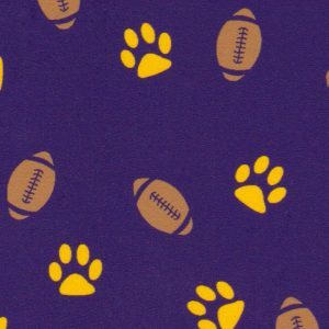 Fabric Finders 2265 Paw and Football Print Fabric: Gold Paws & Footballs on Purple