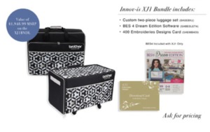 Brother XJ1 Stellaire Bundle: Luggage (SASEBXJ), BES4 Software (SABESLET4), and 400 Embroidery Design Download Card (SAEMB400)