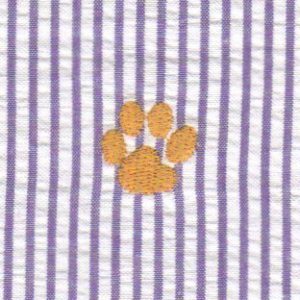 Fabric Finders Embroidered Seersucker Fabric – Gold Paw on Purple 60″ wide bolt