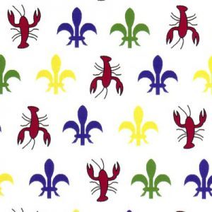 Fabric Finders 2025 Crawfish Fleur-de-lis Print Fabric Purple, Gold, Green, Red 60″ wide bolt