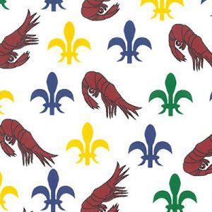 Fabric Finders 2075 Red Shrimp with Purple, Kelly and Gold Fleur de lis 60″ wide bolt