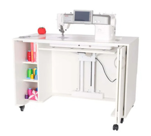 Kangaroo KMOD 2061, 3-Position Electric Lift Sewing Machine White Cabinet +Quilt Leaf Open: 45.5Wx39.5Dx30inH, Opening for Optional Insert 30.5x14.5in